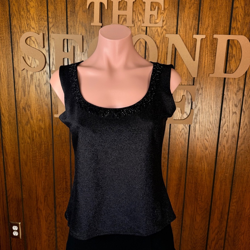 Black Goth Metallic Tank Top After Dark Womens M Beaded Whimsigoth Witchy Vamp